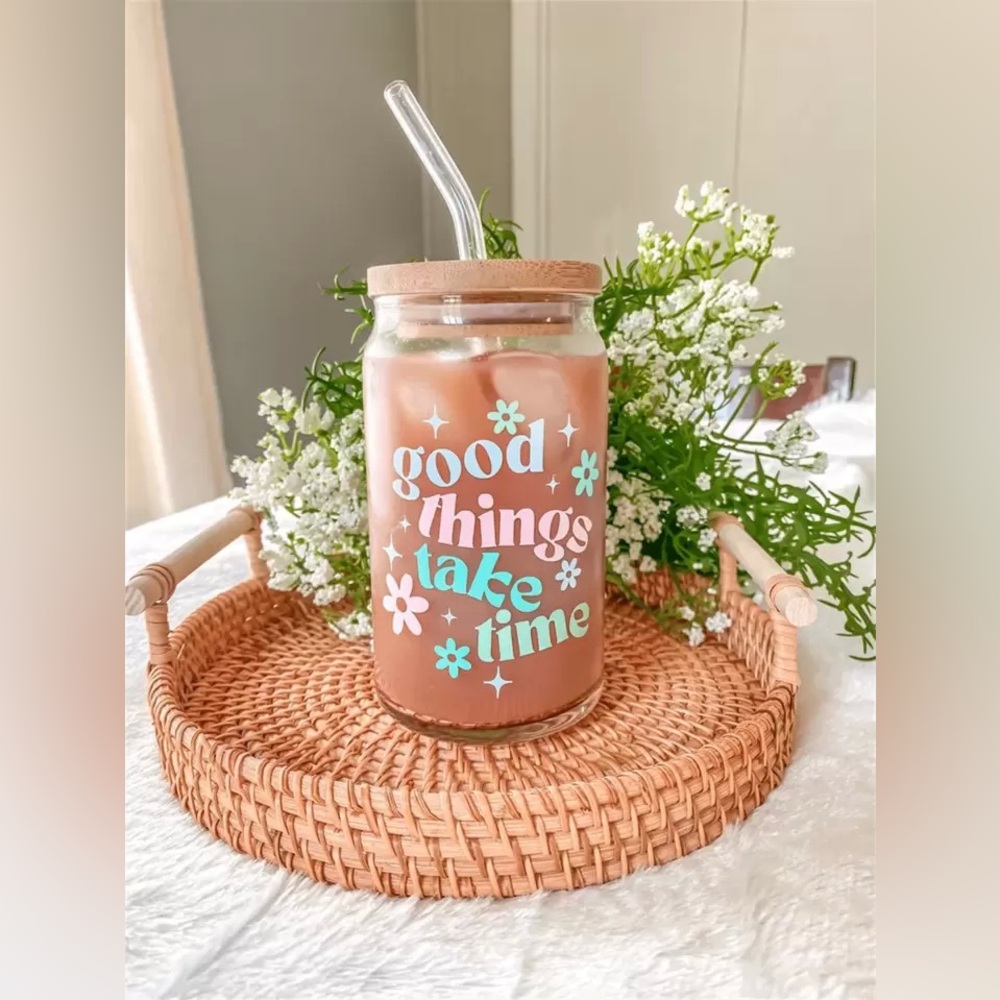 16oz Good Things Take Time Aesthetic Can Shaped Glass with bamboo lid and straw
